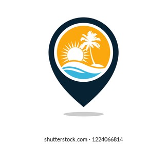 Vector Pin Map Location Beautiful Sunset and Sunrise on the Waves of the Beach and palm trees Sign Symbol Icon Traveling or Holiday Logo Flat Template Design Inspiration