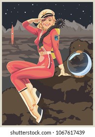 Vector Pin Up Space Girl Retro Futurism Style