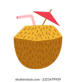 Vector pina colada in coconut with straw flat illustration