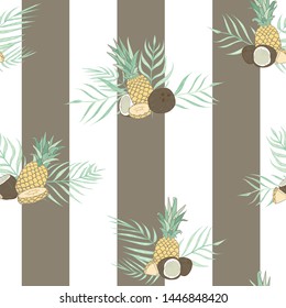Vector Pina Colada Compositions on Stripes seamless pattern background. Perfect for fabric, wallpaper and scrapbooking projects.