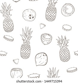 Vector Pina Colada Linart on White seamless pattern background.