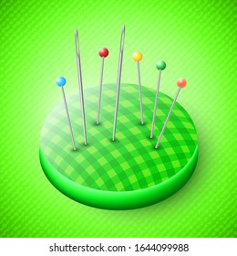 Vector pincushion and pins. Realistic vector illustration.