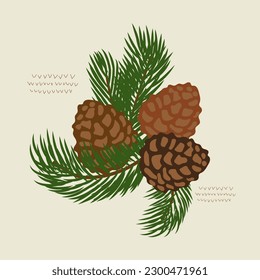 Vector pine branch with cone. Illustration in cartoon style.