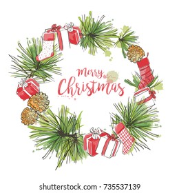 Vector pine branch wreath decorated with cone hand drawn illustration Holiday design for greeting cards, calendars, posters, prints, invitations.