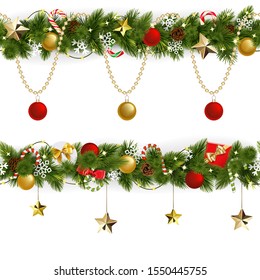 Vector Pine Christmas Border With Garland Isolated On White Background