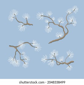 Vector Pine Christmas spruce, new year tree branch. Set of hand drawn design elements. Vector, seasonal collection, winter objects on blue background