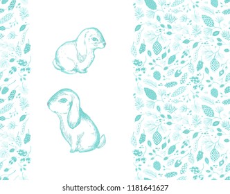 Vector pine cones, seeds, branches on white background, couple of rabbits