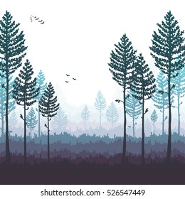 Vector pine forest landscape. Beautiful hand drawn illustration - dark forest with pine trees, outdoor scene