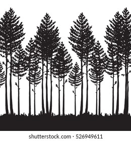 Vector pine forest landscape. Beautiful hand drawn illustration - dark forest with pine trees, outdoor scene in black and white. Made using clipping mask, you can change image