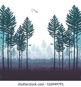 Vector pine forest landscape. Beautiful hand drawn illustration - dark forest with pine trees, outdoor scene. Made using clipping mask, you can change image