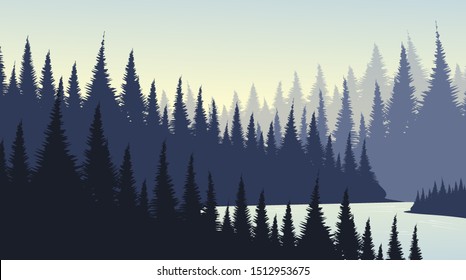 Vector Pine Forest with River,landscape background,foggy and mist concept design.