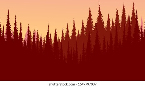 Vektorillustration Pinienwald, Landschaftshintergrund, Design für Sonnenschein und Sonnenaufgang.