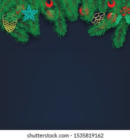 vector pine leaves decorated with colorful light bulbs flickering Animation on a blue background for the Christmas and New Year festival.