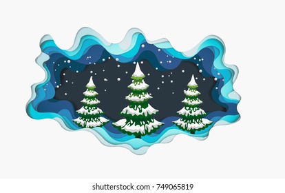 vector pine tree illustration in winter. Merry Chrismast and Happy New Year. design paper art and crafts