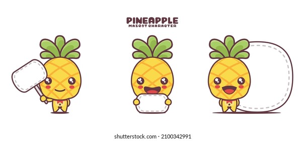 mascota de dibujos animados de piña vectorial, con banner de tablero en blanco, aislado en un fondo blanco.