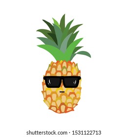 Vector pineapple character illustration isolated on white background. Pineapple with sunglasses icon is  in cartoon, flat art style. Illustration is ready for your design, print, web. EPS10