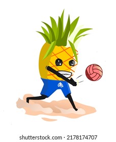 A vector of pineapple character play volley ball at the beach. beach, volley, sport, vacation, holiday.