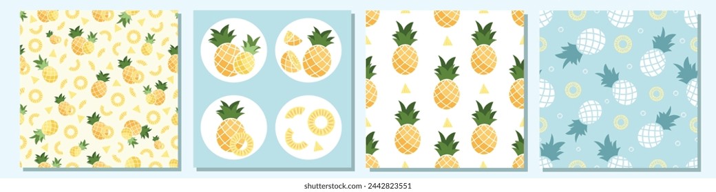 Vector pineapple collection set.  seamless pattern on white blue background. Printable and repeatable cool texture for textile fabric prints, wrapping paper or wallpaper backgrounds.