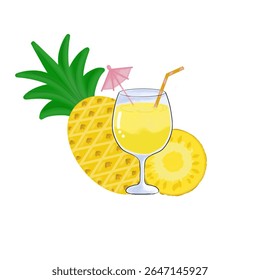 Vector pineapple fruit, pineapple slices and a glass of fresh pineapple juice with a small umbrella and straw decoration, design for summer