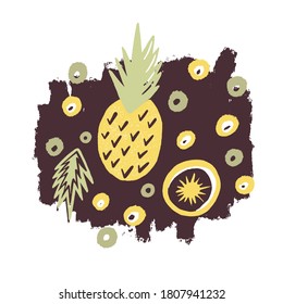 Vector pineapple illustration. Outline sliced pineapple for posters, logos, labels, banners, stickers, product packaging designs. Fresh tropical fruit ananas in cartoon style