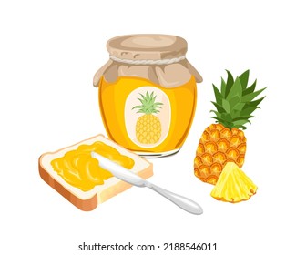 Ananas-Ananas-Konfitüre Gelbe Marmelade, aufgetragen auf ein Stück Toastbrot, Messer, Glaskeramik mit Gelee und frischen, süßen Früchten einzeln auf Weiß. Cartoon-Flachbild-Illustration.