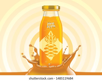 Vector pineapple juice, fruit glass bottle with drop splash