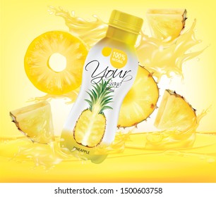 Vector pineapple juice, fruit glass bottle with drop splash