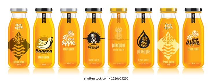 Vector pineapple juice, glass fruit bottle set