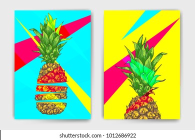 Vector pineapple mock up set. Colorful design with ananas for cover, brochure or print template. Easy to use and modify, created using clipping mask