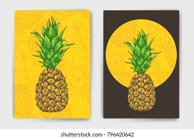 Vector pineapple mock up set. Colorful design with ananas for cover, brochure or print template. Easy to use and modify, created using clipping mask