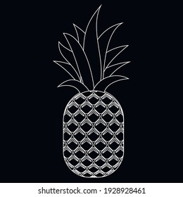 vector pineapple on black background. flat image of pineapple with white outline. white outline of pineapple with leaves on black background