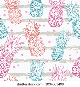 Vector pineapple on grunge stripes summer colorful tropical seamless pattern background. Great as a textile print, party invitation or packaging.