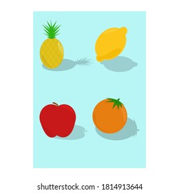 A vector of a pineapple an orange a lemon and an apple on a blue background