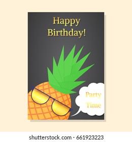 Vector pineapple with party glasses. Happy birthday postcard.