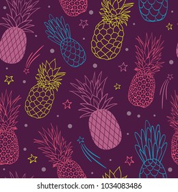 Vector pineapple party purple summer tropical seamless pattern background. Great as a textile print, party invitation or packaging.