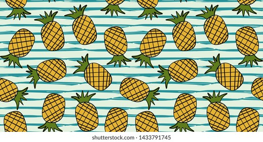 Vector pineapple seamless pattern drawing colorful summer theme background with childish hand drawn multicolor ready for print