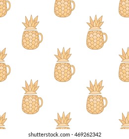 Vector pineapple seamless pattern, hand drawn ananas tea cup on white background