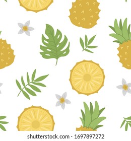 Vector pineapple seamless pattern. Jungle fruit repeat background. Hand drawn flat exotic texture. Bright childish healthy tropical summer food digital paper