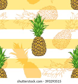 Vector pineapple seamless pattern on striped background, hand drawn ananas sketch. Summer juicy fruit