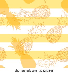 Vector pineapple seamless pattern on striped background, hand drawn ananas sketch. Summer juicy fruit