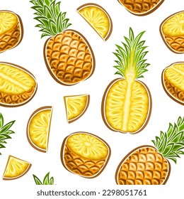 Vector Pineapple Seamless Pattern, repeating background with illustrations of ripe chopped pineapples with green leaves for wrapping paper, group of flat lay peeled pineapple fruits for home interior