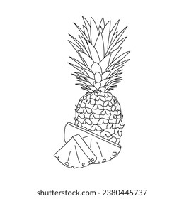 vector pineapple set, whole pineapple with leaves, falling pineapple slices and pineapple slices and a half