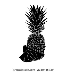 vector pineapple set, whole pineapple with leaves, falling pineapple slices and pineapple slices and a half