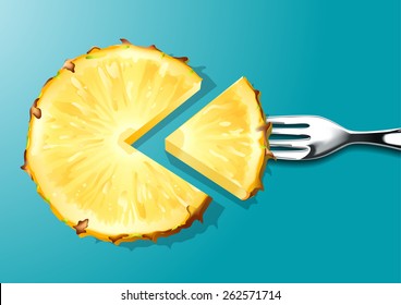 Vector Of Pineapple Slices With Silver Fork On Blue Background