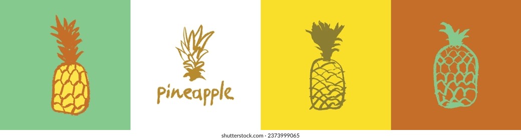 Vector pineapple symbols. Ananas icon in trendy hand drawn doodle style. Color illustration for Pineapples label, organic badge, juice packaging design or website. Calligraphic pineapple icons.