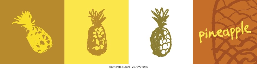 Vector pineapple symbols. Ananas icon in trendy hand drawn doodle style. Color illustration for Pineapples label, organic badge, juice packaging design or website. Calligraphic pineapple icons.