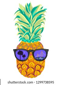 Vector Pineapple wearing sunglasses with Charleston South Carolina Ravenel Bridge reflection in Sunglasses.