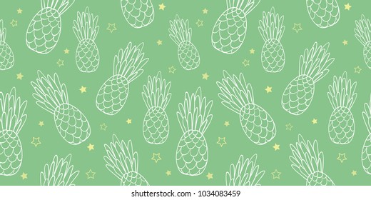 Vector pineapples doodle green texture summer tropical seamless pattern background. Great as a textile print, party invitation or packaging.