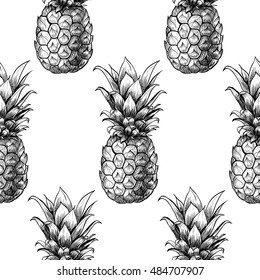 Vector pineapples hand drawn sketch.  Vector seamless pattern.  Vintage style