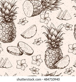 Vector pineapples hand drawn sketch with flowers.  Vector seamless pattern.  Vintage style